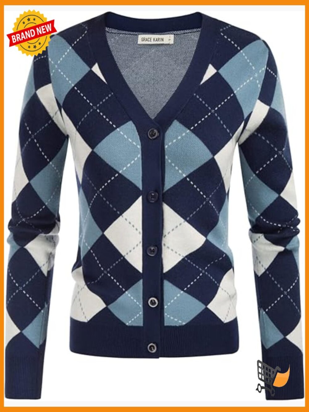 Slim Fit V-Neck Argyle Plaid Long Sleeve Button Down Cardigan Sweater